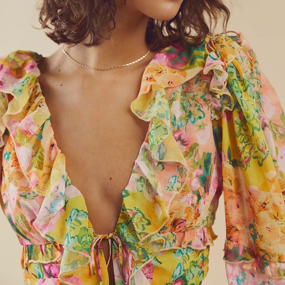 NWT For Love And Lemons Nina Top Crop Floral Long Sleeve XS - Picture 2 of 7